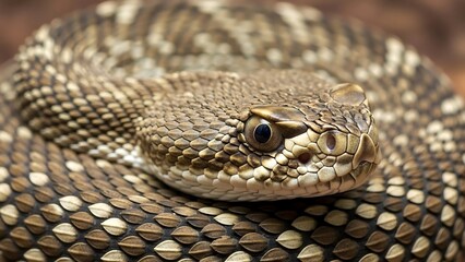 Fototapeta premium Close-up of a coiled rattlesnake with intricate scale patterns.