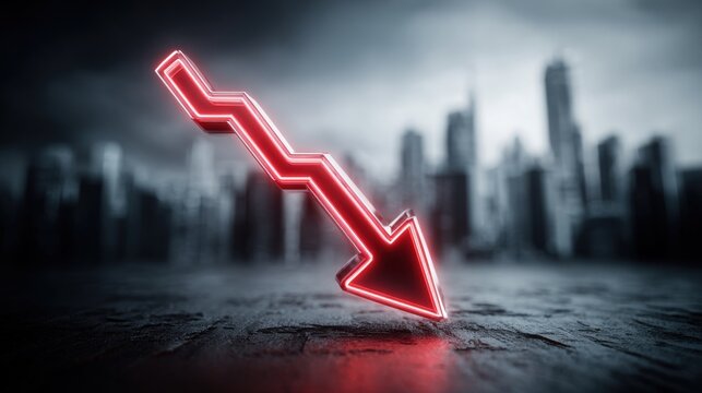 Red glowing downward arrow on textured ground with blurred city skyline, symbolizing economic downturn, stock market decline, and financial instability.