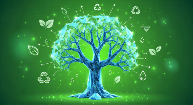 Glowing blue tree with eco friendly symbols and leaves on green background representing environmental conservation and sustainability