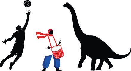 Sports Musician and Dinosaur Silhouette Vector Illustration Set Featuring Basketball Player Drummer Character and Giant Sauropod Animal for Creative Design Projects © SUMON