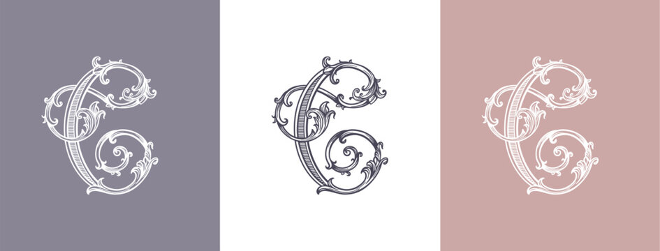 Luxury logo monogram letter C in vintage ornamental style with decorative elements. Ideal for branding, business and premium identity.