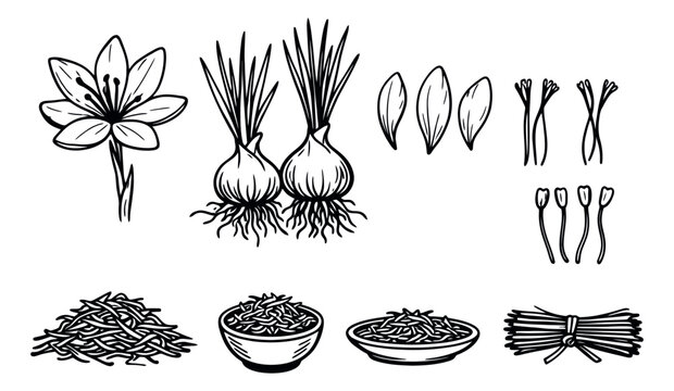 Hand drawn line art saffron elements set featuring a flower, bulbs, and threads for culinary and botanical use