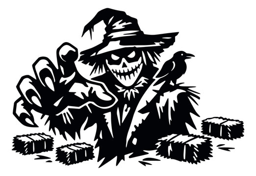 Graphic illustration of a scarecrow depicting a menacing pose with a crow and hay bales for halloween