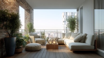 Obraz premium Luxury modern apartment balcony terrace featuring cozy outdoor lounge furniture, green potted plants, wooden deck, and a scenic urban city view