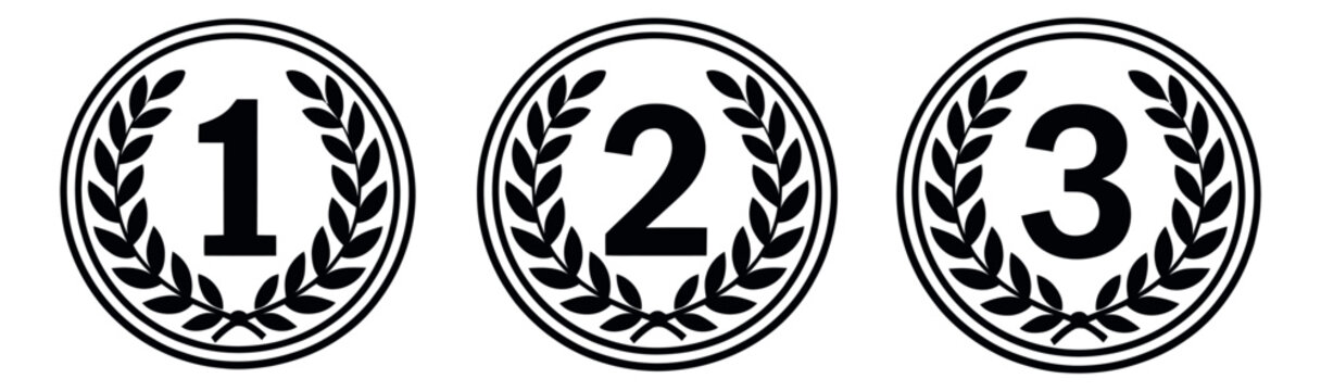 Line art award medals set featuring first, second, and third place numbers with laurel wreaths for ranking achievements