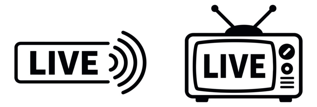 Modern line art broadcasting icons set featuring a live broadcast symbol and vintage television for online streaming and television programs