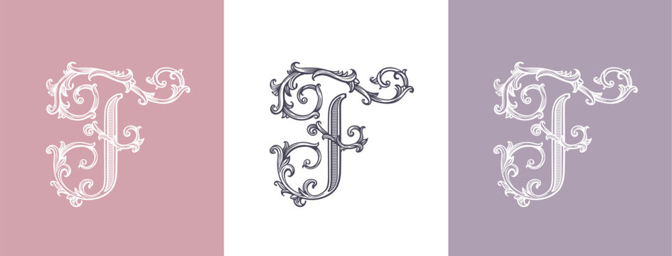Luxury letter F logo monogram in classic vintage style with decorative details. Logotype for personal branding, premium business identity and wedding design.