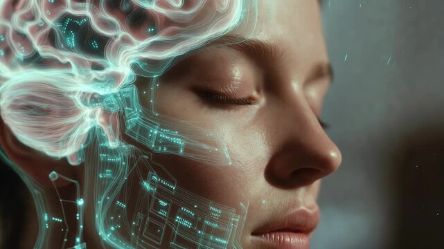 Close view of a person with illuminated neural lines in digital style on soft dark background symbolizing mind technology