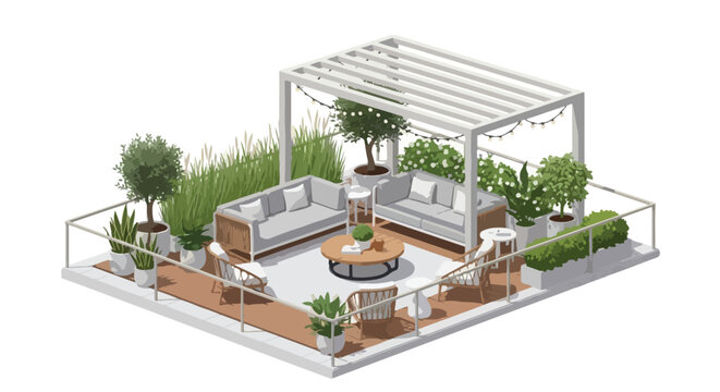 Modern isometric rooftop patio design with elegant furniture, lush greenery, and ambient string lights for outdoor relaxation and entertainment spaces