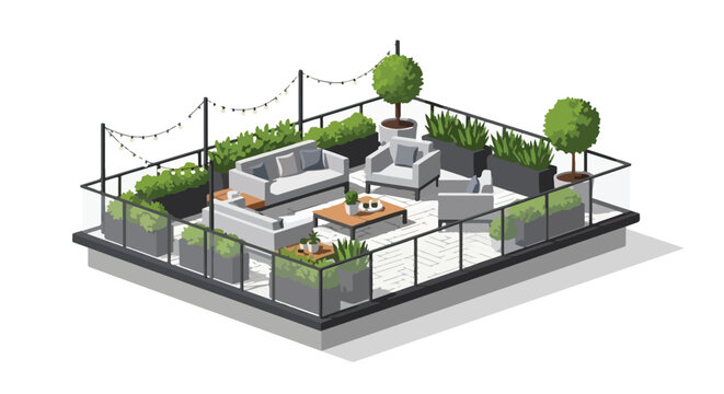 Modern minimalist rooftop terrace oasis with comfortable seating, lush greenery, and ambient string lights, perfect for urban relaxation and