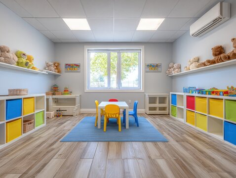 Bright and cheerful preschool classroom interior with colorful toys, learning materials, and child-sized furniture