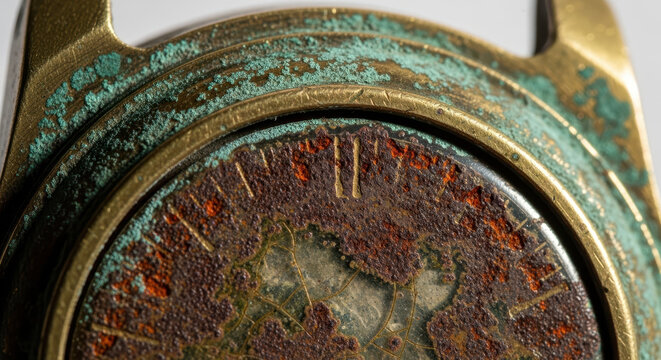 Close-up of a vintage brass astrolabe with patina detail