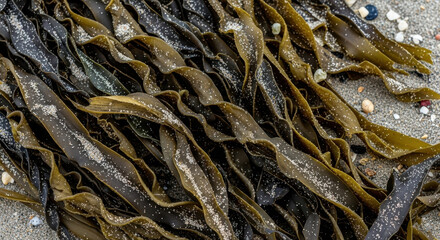 Fototapeta premium Close-up of seaweed with dew on a rocky shoreline