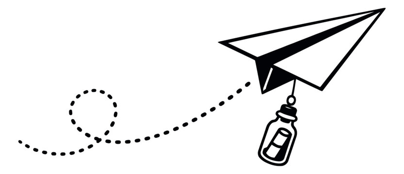 Hand drawn line art illustration of a paper airplane depicting it flying with a message in a bottle for communication