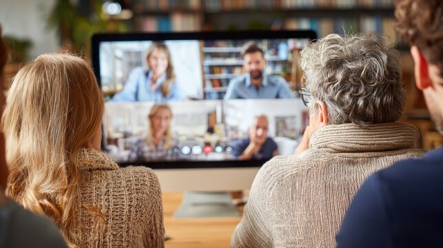 Diverse group of people participating in a remote video conference call from a home office setting