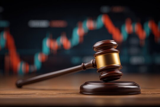Gavel rests on wooden surface before blurred financial stock market graph, symbolizing legal and financial justice
