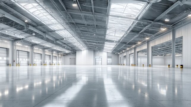 Spacious, modern, empty industrial warehouse interior with high ceilings and reflective concrete floor