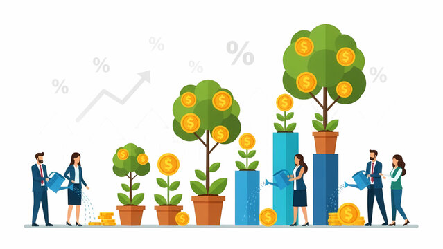 Businesspeople nurture growing money trees on rising bar graphs with coins and charts its only illustration
