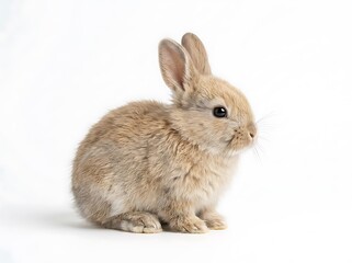 Fototapeta premium Adorable fluffy light brown baby rabbit sits looking to the side on white background