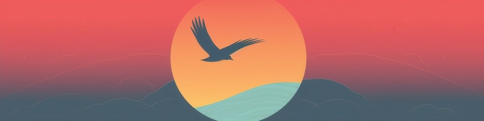 Naklejka premium A silhouette of a bird in flight against a vibrant sunset sky, capturing a sense of freedom and tranquility.
