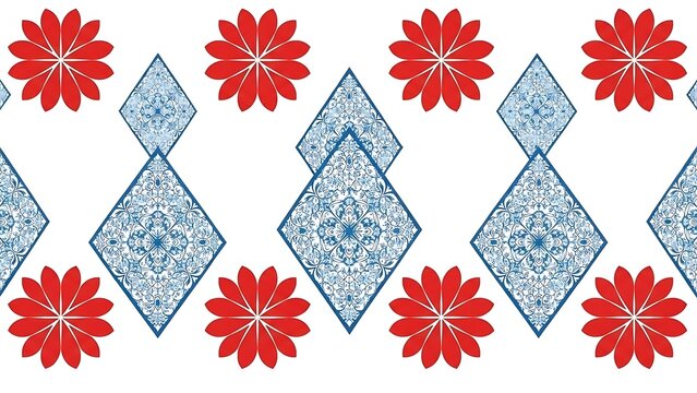 Floral and Geometric Pattern with Red Flowers and Blue Diamonds.