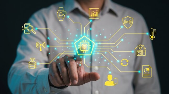 smart home, iot, internet of things, technology, digital interface, automation, connectivity featuring a businessman touching a glowing virtual screen for intelligent home control.