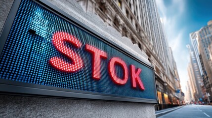 Obraz premium Digital Stock Ticker Display Screen with Red Text in Urban Cityscape Background