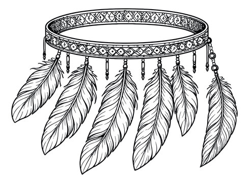 Hand drawn line art illustration of a tribal style headband depicting decorative feathers for bohemian fashion and design