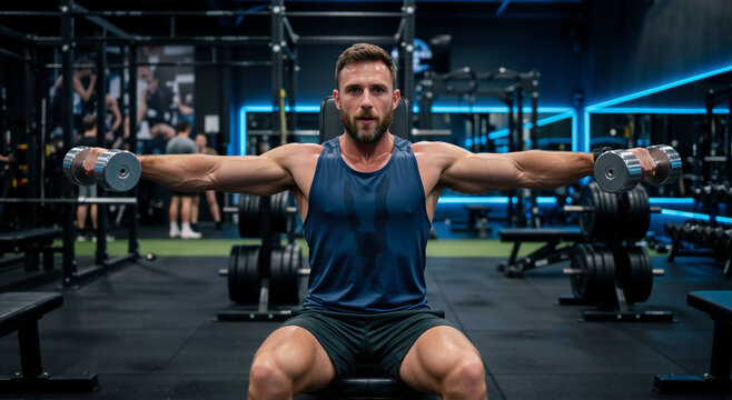 Muscular man performing seated dumbbell lateral raise in modern gym. Sweaty male athlete training shoulders with heavy weights. Bodybuilding and fitness workout concept
