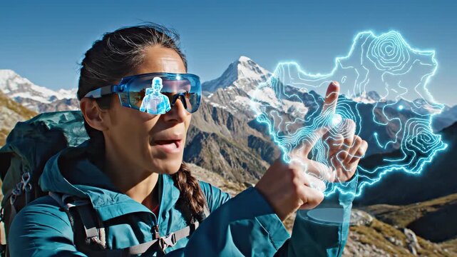 Hiker using augmented reality smart glasses to share trail map with remote friend. Advanced AR technology and social connection for outdoor adventure and high tech fitness lifestyle.