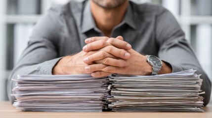 Fototapeta premium Overworked businessman with hands clasped on pile of documents at desk in office