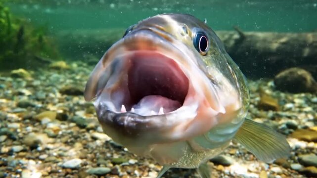 Male largemouth bass in water with mouth open