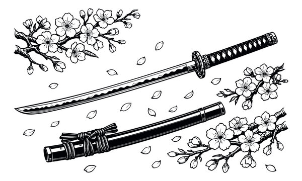 Hand drawn line art traditional japanese set featuring a katana sword, its scabbard, and sakura cherry blossoms for cultural and martial arts designs