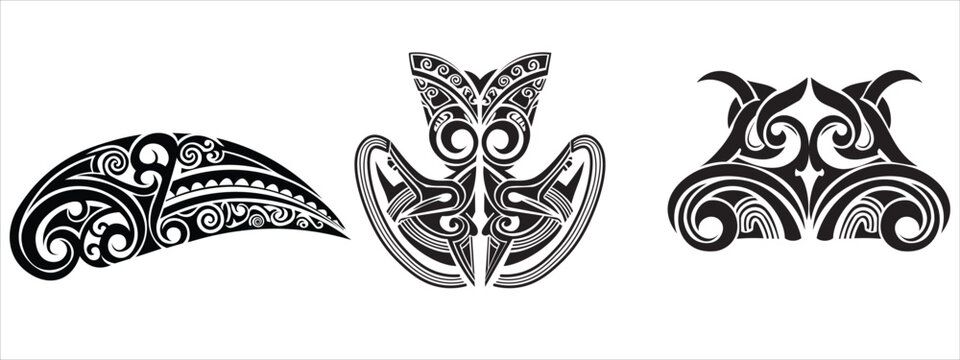 Three polynesian masks intricate black and white tribal art with symmetrical designs