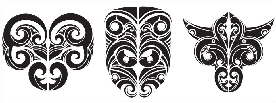 Three intricate maori carvings traditional polynesian art and cultural heritage displayed in black and white