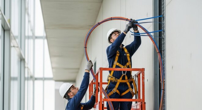 Professional electricians in safety harnesses installing cables on an industrial building using a scissor lift.