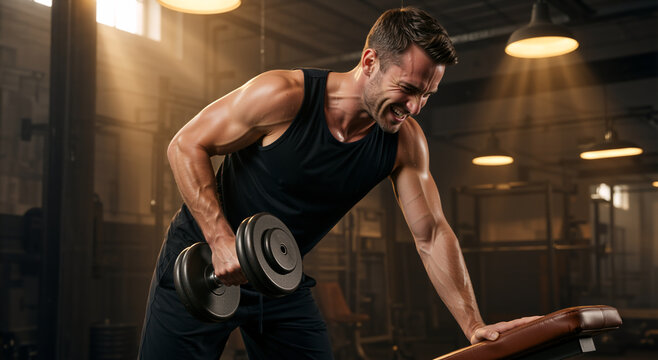Muscular man performing one arm dumbbell row in gym. Intense weightlifting workout for back muscles. Bodybuilder training with heavy weights on bench