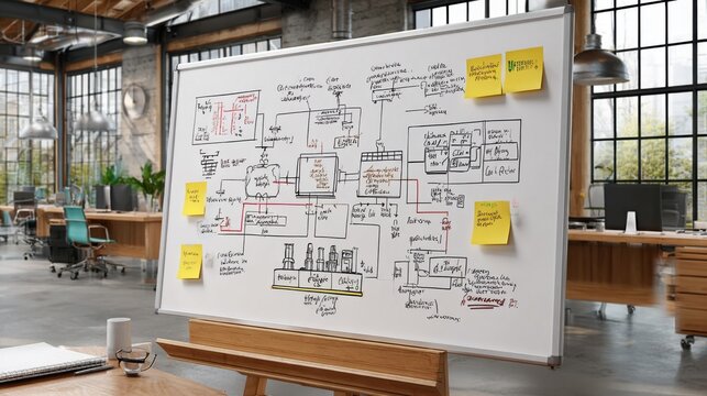 Whiteboard with complex flowchart diagram and sticky notes in a modern office setting