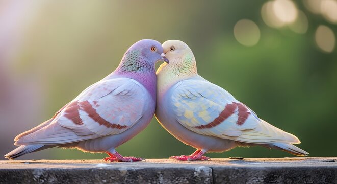 Soft Pastel Pigeon Pair with Cinematic Blur Background &ndash; Aesthetic Romantic Wildlife Image
