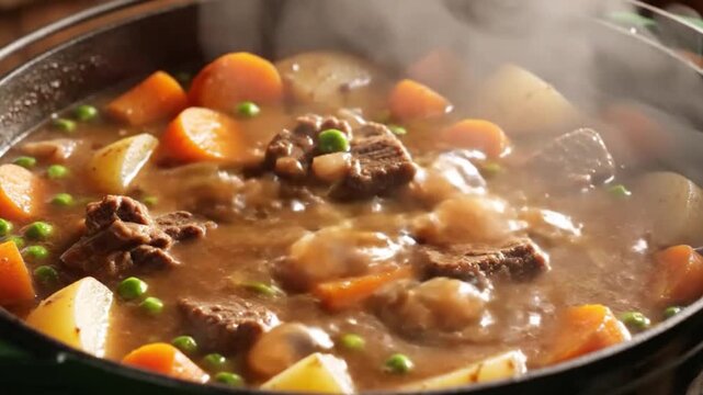 Steam rising from bubbling pot of stew