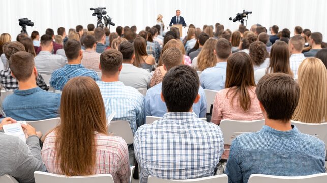 Diverse audience attentively watches a speaker at a business conference, event, or presentation from behind