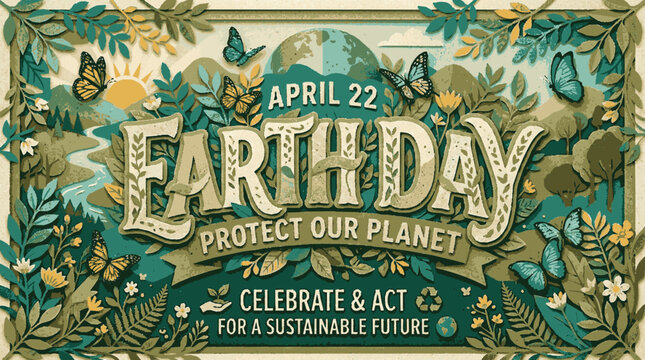 A vibrant Earth Day illustration celebrating environmental protection and sustainability with a colorful floral and butterfly design