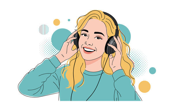 Smiling young woman with blonde hair wearing large headphones and enjoying her favorite music over a pop art background.