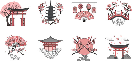 Obraz premium Set of Japanese Sakura Cultural Elements with Torii Gate, Pagoda, Lanterns, Folding Fan, Bridge, and Traditional Landscape Icons