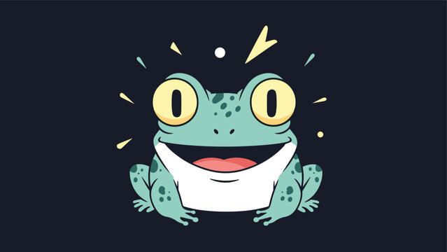 Happy cartoon green frog with giant yellow eyes and a wide smile sitting against a dark textured background.