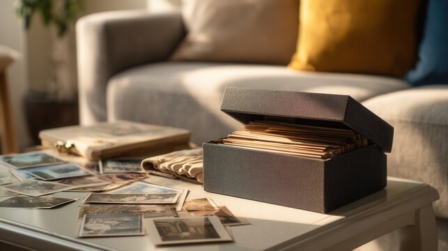 Open keepsake box revealing old photos on coffee table, livingroom sofa blur in background, soft sunlight, scattered prints and albums, intimate sorting of memories and heirloom snaps