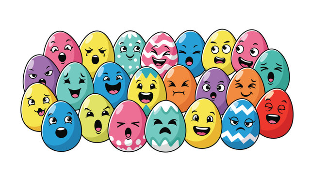 Whimsical collection of colorful Easter eggs featuring various funny and expressive cartoon faces showing a wide range of human emotions.