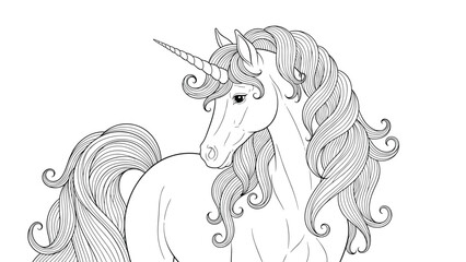 Intricate black and white line art of a beautiful unicorn with a long flowing mane and tail for coloring or fantasy themed design projects. © James
