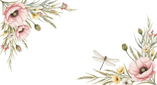 An elegant watercolor floral frame featuring delicate pink poppy flowers, soft yellow blossoms, wild grasses, and a detailed dragonfly resting gracefully against a clean, plain white background.