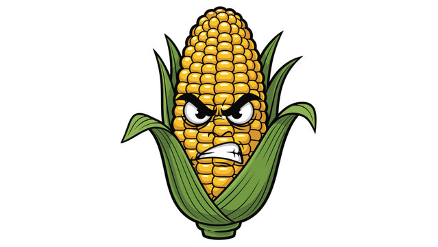 Funny cartoon illustration of an angry and fierce yellow corn cob with green leaves and a grumpy facial expression on a white background.